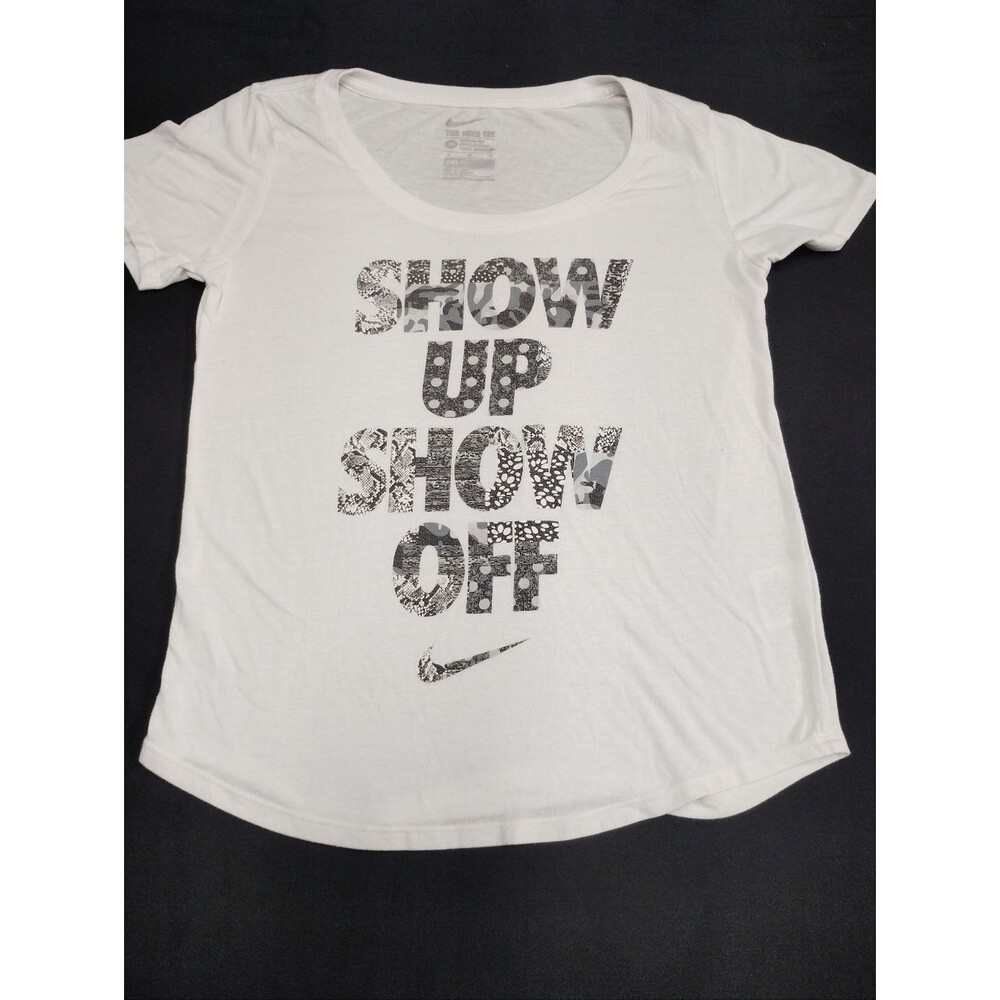 Nike White Tee with Black and Grey Patterned 'SHOW UP SHOW OFF' Graphic